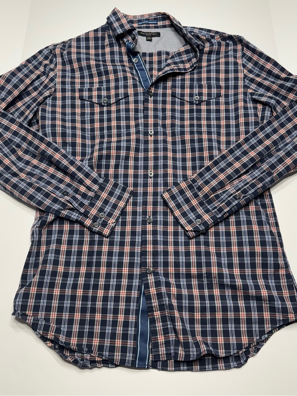 Banana Republic Navy Blue and Red Plaid Casual Button-Down Shirt
